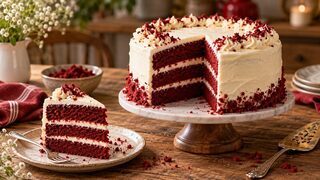 Red-Velvet-Torte mit roten Böden, weißer Frischkäsecreme und roten Kuchenkrümeln