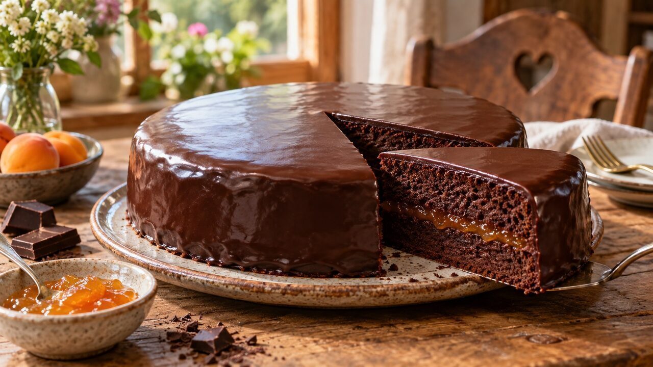 Klassische Sachertorte mit glatter dunkler Schokoladenglasur und dünner Aprikosenfüllung