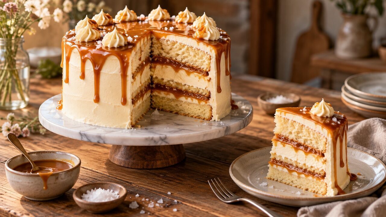 Salted-Caramel-Torte mit hellen Vanilleböden, Creme, Karamelltropfen und Salzflocken