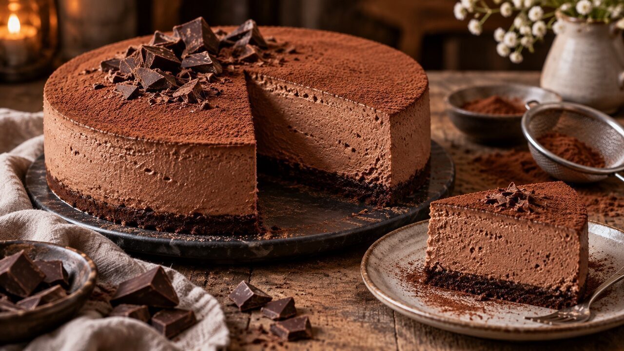 Schokoladenmousse-Torte mit dünnem dunklem Boden, luftiger Mousse und Kakaopulver
