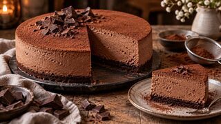 Schokoladenmousse-Torte mit dünnem dunklem Boden, luftiger Mousse und Kakaopulver
