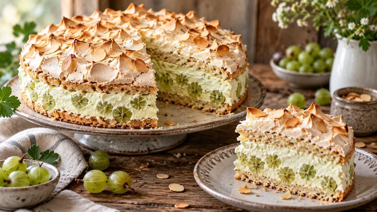 Stachelbeer-Baiser-Torte mit Mandelböden, grüner Frucht-Sahne-Füllung und knusprigem Baiser