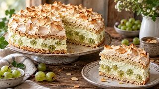 Stachelbeer-Baiser-Torte mit Mandelböden, grüner Frucht-Sahne-Füllung und knusprigem Baiser