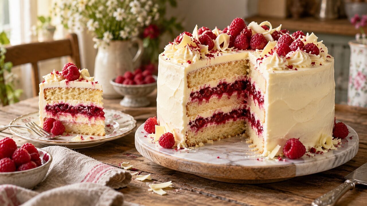 Weiße-Schokolade-Himbeer-Torte mit hellen Biskuitböden, roter Fruchtschicht und weißer Ganache