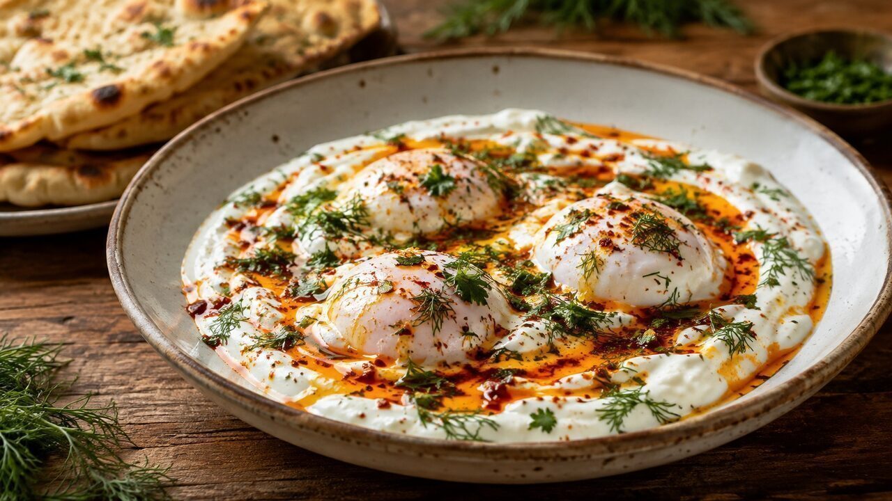 Turkish Çılbır with poached eggs, garlic yoghurt, pepper butter, dill and flatbread