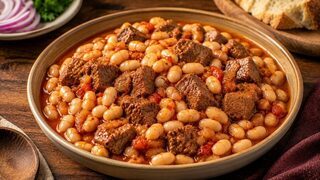 Turkish Etli Kuru Fasulye stew with white beans, beef, tomato sauce, rice and pickled peppers