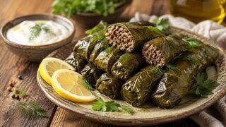 Turkish Etli Yaprak Sarma wine leaf rolls with minced meat, rice, herbs, lemon and yoghurt