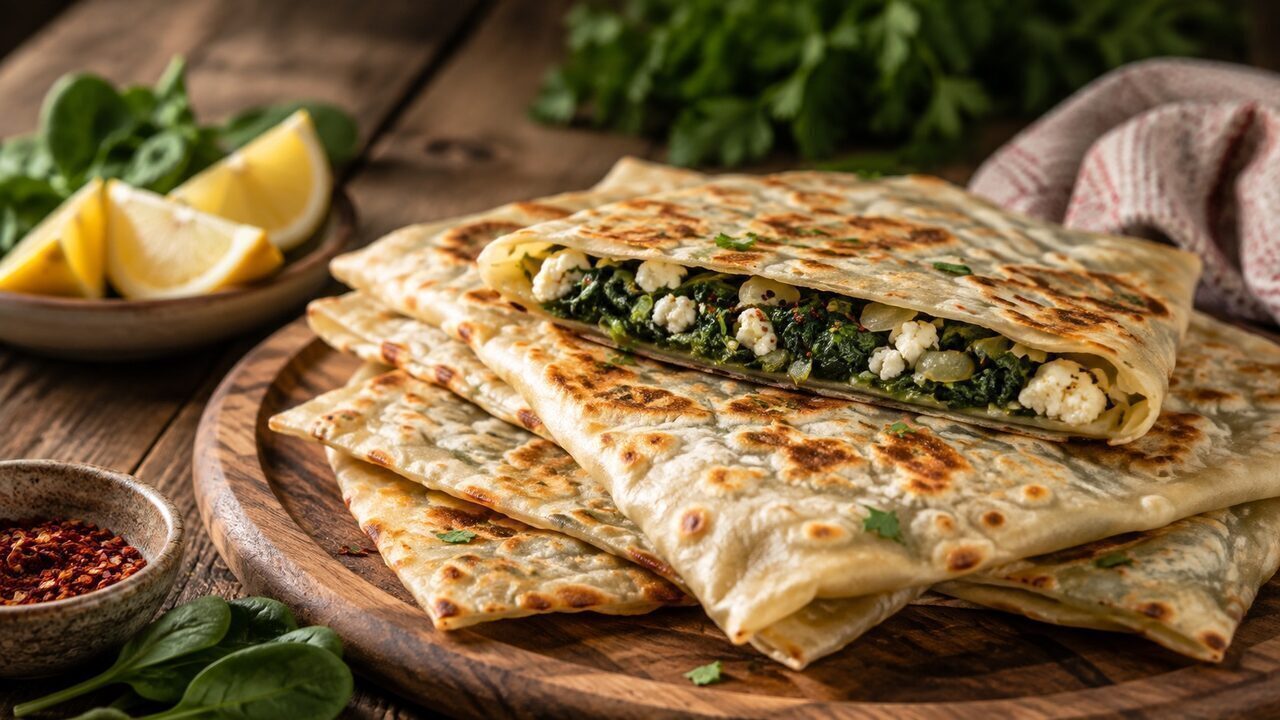 Turkish Gözleme from the pan with spinach, feta, onion, parsley and Pul biber