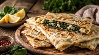 Turkish Gözleme from the pan with spinach, feta, onion, parsley and Pul biber
