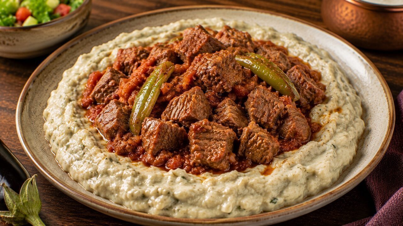Turkish Hunkar Beğendi with tender lamb ragout on smoky eggplant puree and parsley