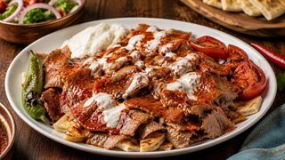 Turkish kebab with thin beef, cubes of pepper, tomato sauce, yoghurt, butter and grilled vegetables