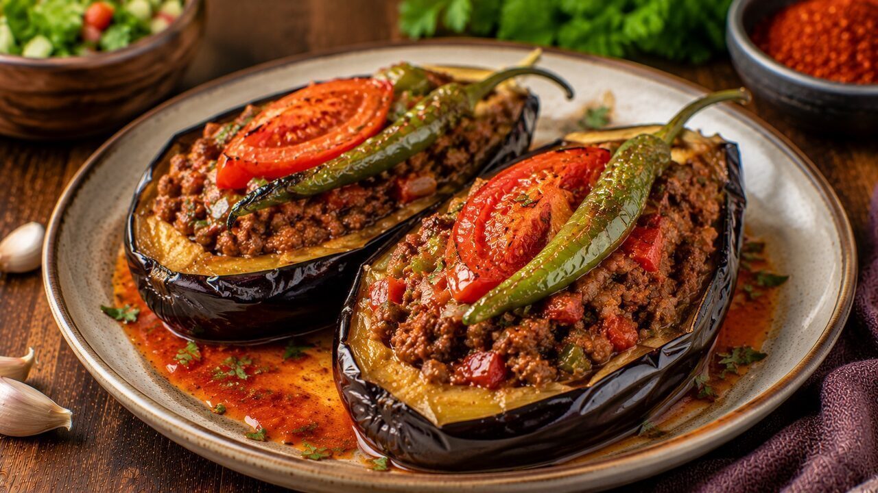 Turkish Karnıyarık eggplant with minced meat, tomatoes, green peppers, garlic and parsley