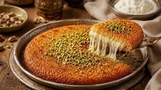Turkish Künefe with crisp Tel Kadayıf, melted cheese, lemon syrup and chopped pistachios