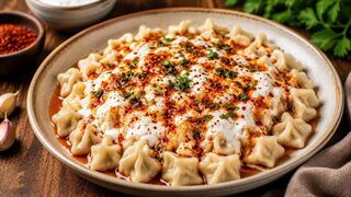 Turkish Kayseri Mantı with minced meat filling, garlic yoghurt, pepper butter, mint and sumac