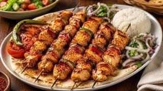 Turkish Tavuk Şiş chicken skewers with yoghurt and paprika marinade, grilled tomatoes, green peppers and flatbread