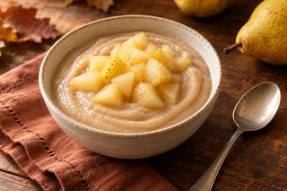 Pudin cremoso de castañas marrón claro con dados tiernos de pera con piel y poco jugo