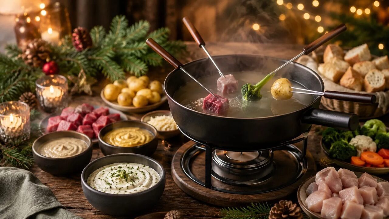 Brühe-Fondue mit Dips als festliches Weihnachtsrezept für Advent, Feiertage und gemütliche Familienessen