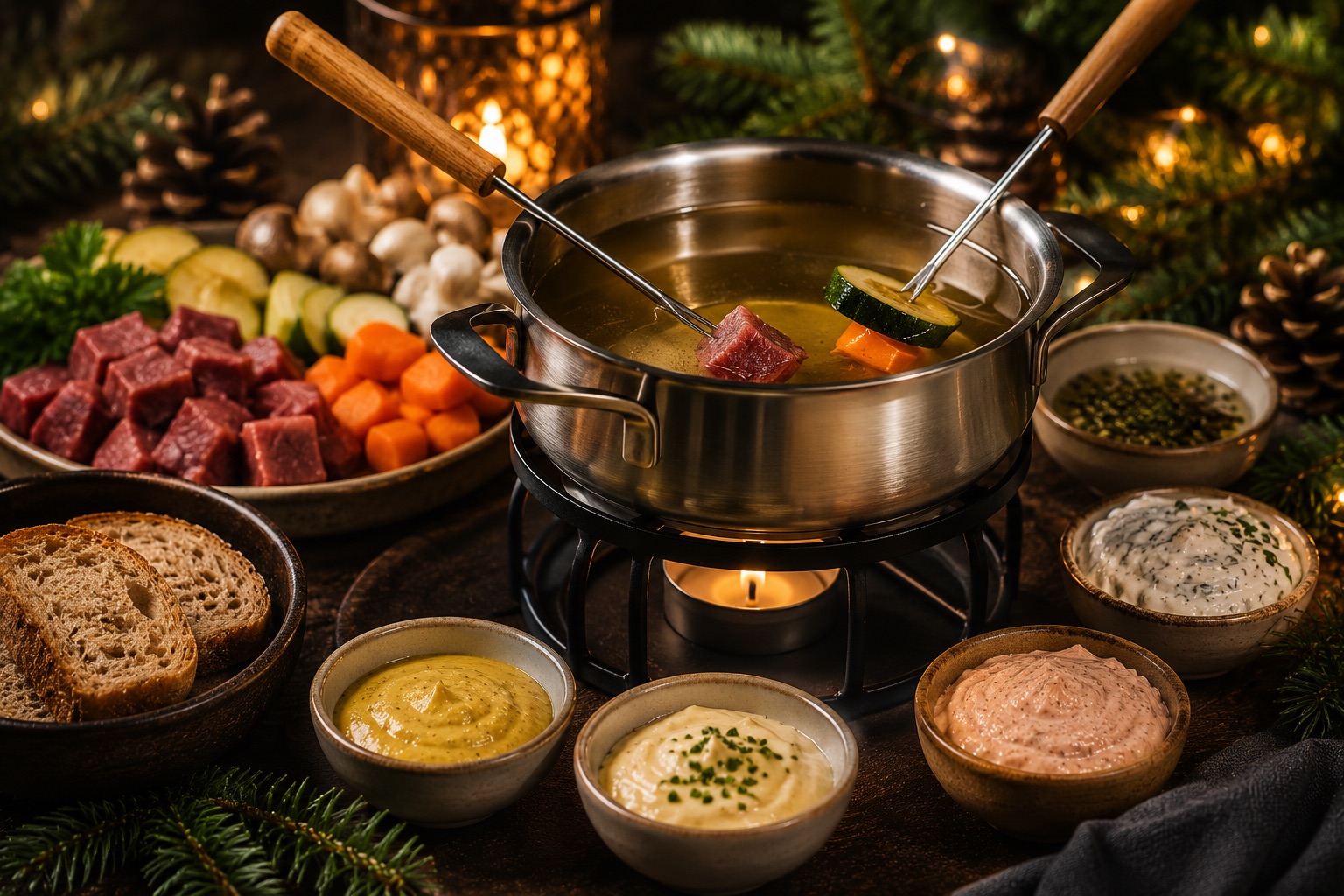 Brühe-Fondue mit Dips als festliches Weihnachtsrezept für Advent, Feiertage und gemütliche Familienessen