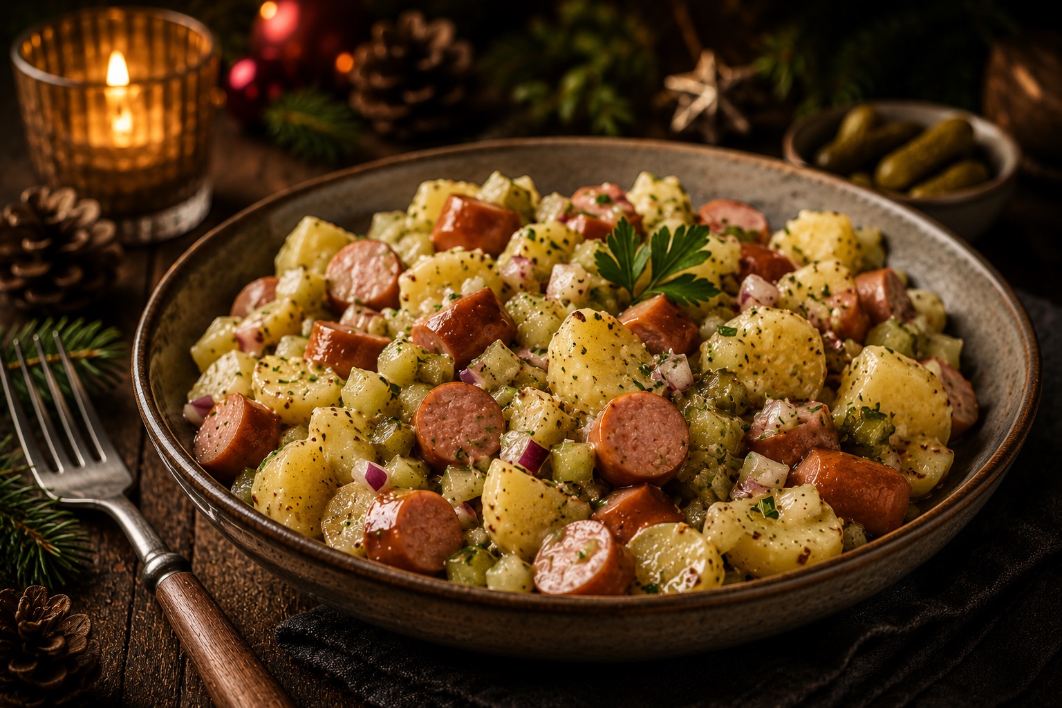 Kartoffelsalat mit Würstchen als festliches Weihnachtsrezept für Advent, Feiertage und gemütliche Familienessen
