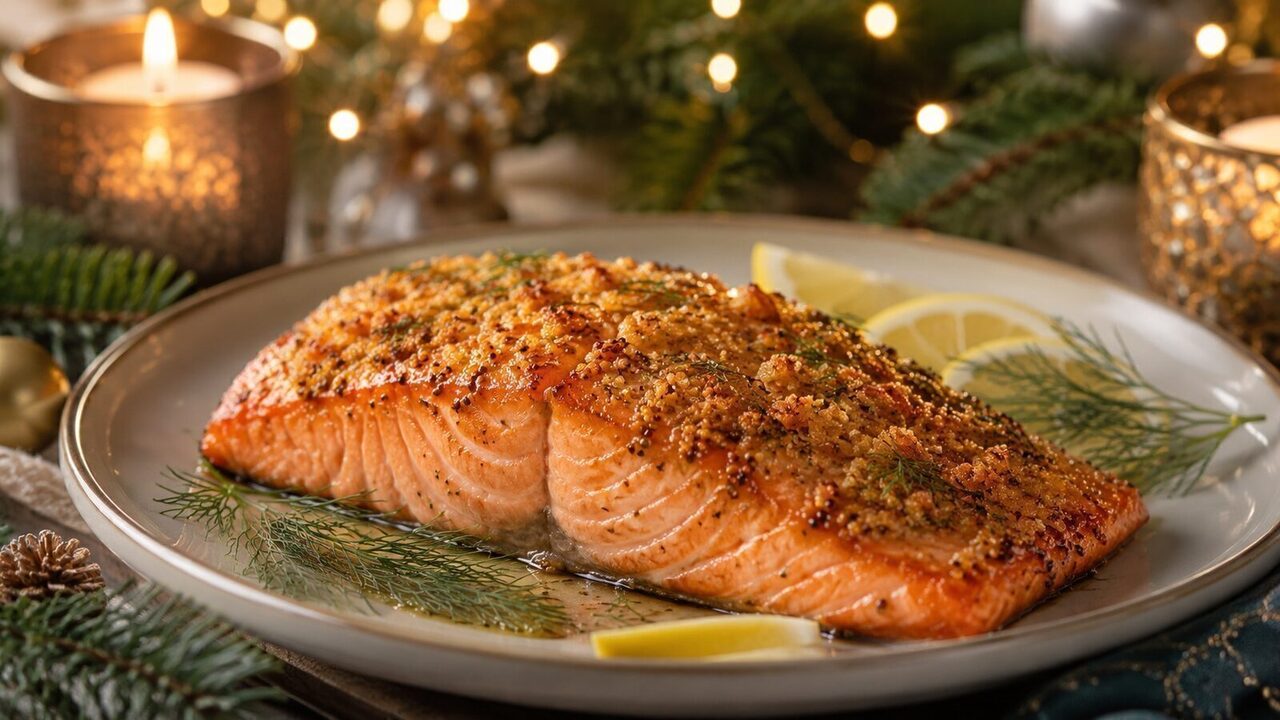 Lachsfilet mit Honig-Senf-Kruste als festliches Weihnachtsrezept für Advent, Feiertage und gemütliche Familienessen