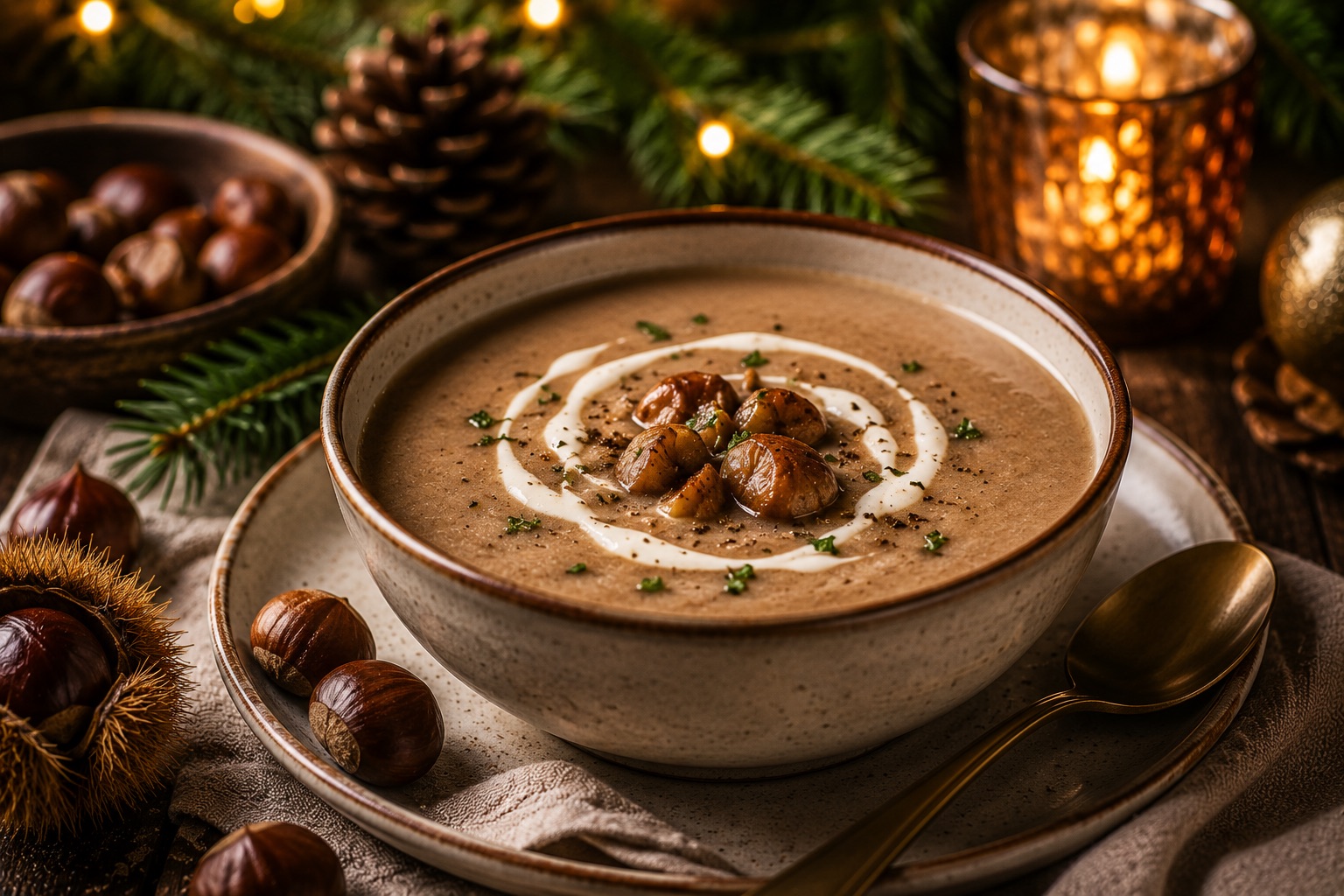 Maronensuppe mit Sahne als festliches Weihnachtsrezept für Advent, Feiertage und gemütliche Familienessen