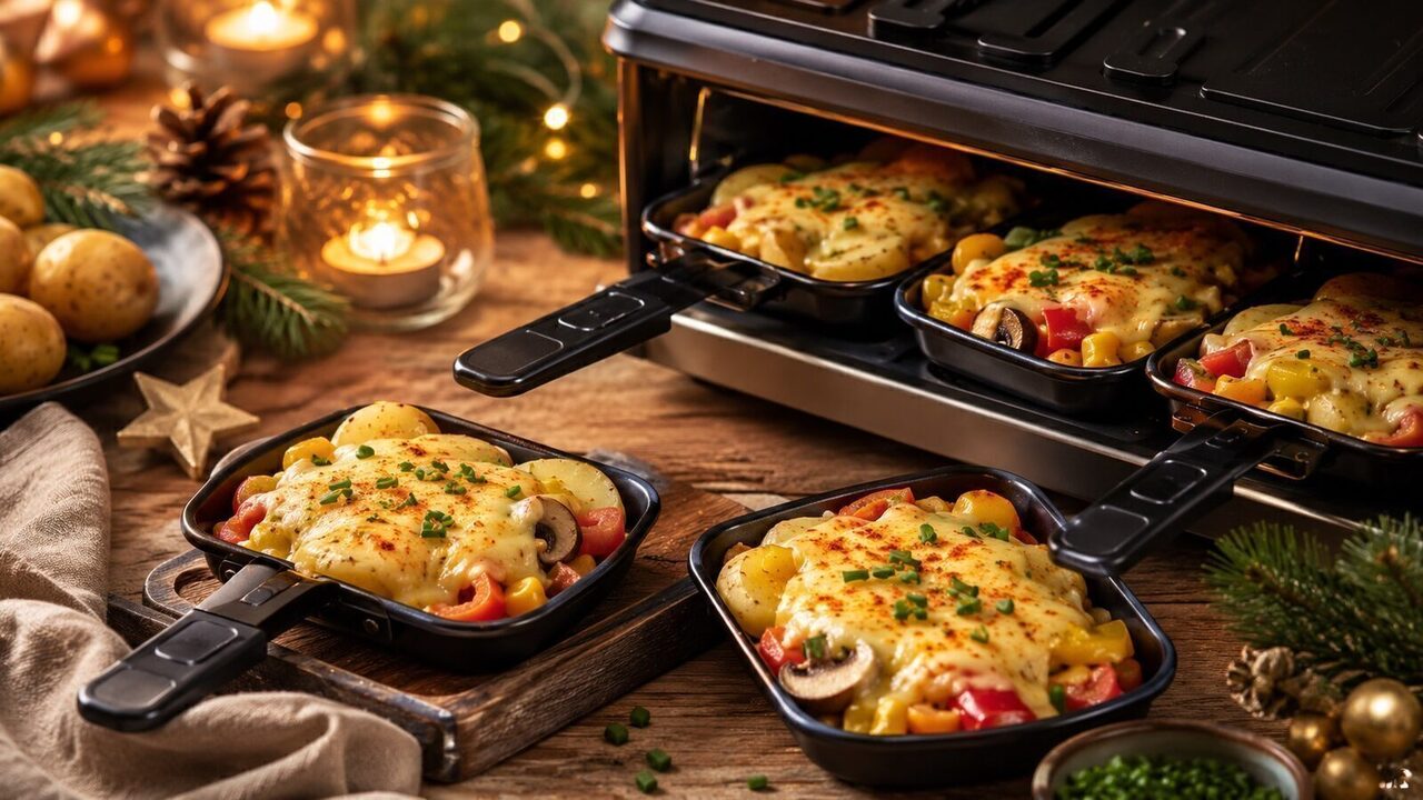 Raclette-Pfännchen mit Gemüse als festliches Weihnachtsrezept für Advent, Feiertage und gemütliche Familienessen