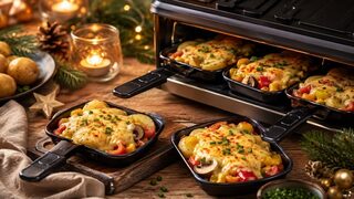 Raclette-Pfännchen mit Gemüse als festliches Weihnachtsrezept für Advent, Feiertage und gemütliche Familienessen