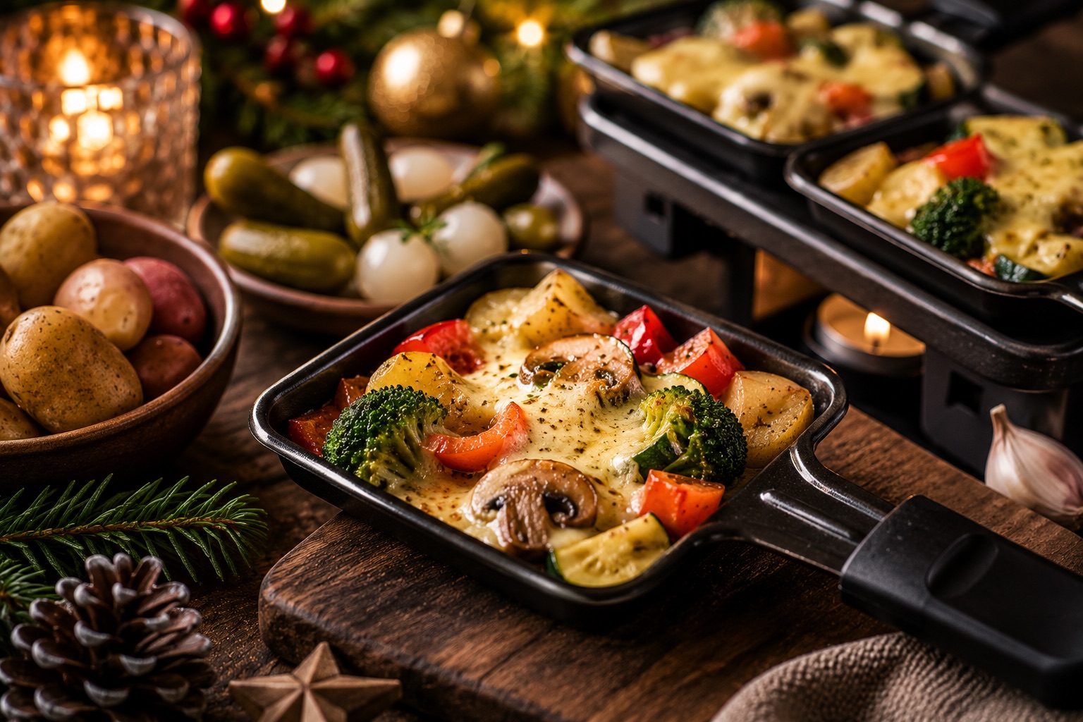 Raclette-Pfännchen mit Gemüse als festliches Weihnachtsrezept für Advent, Feiertage und gemütliche Familienessen