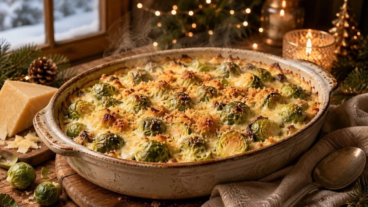 Rosenkohl-Gratin mit Käse als festliches Weihnachtsrezept für Advent, Feiertage und gemütliche Familienessen