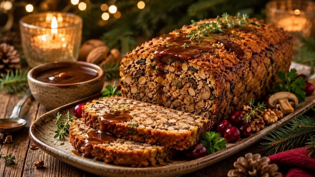 Vegetarischer Nussbraten als festliches Weihnachtsrezept für Advent, Feiertage und gemütliche Familienessen