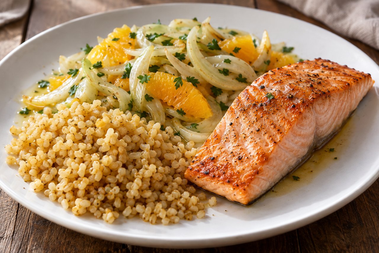Gebratener Wildlachs mit dünnen Fenchelstreifen, Orangenstücken, Bulgur und Petersilie auf einem Teller