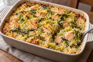 Gratin de riz légèrement doré avec rubans verts de chou de Milan et dés rose clair de saumon entièrement cuits