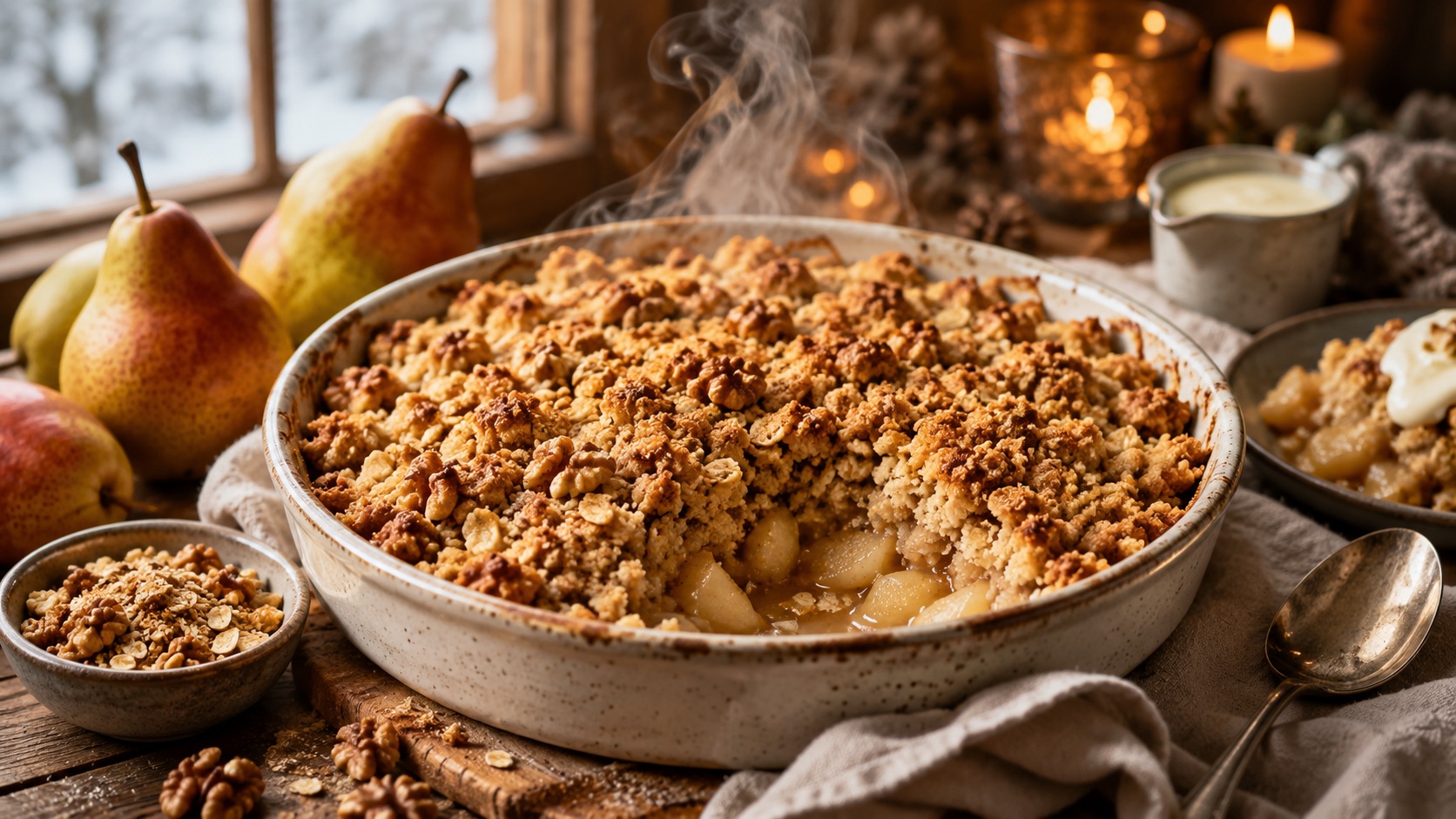 Birnen-Crumble mit Walnüssen als wärmendes Winterrezept für kalte Tage und gemütliche Familienküche