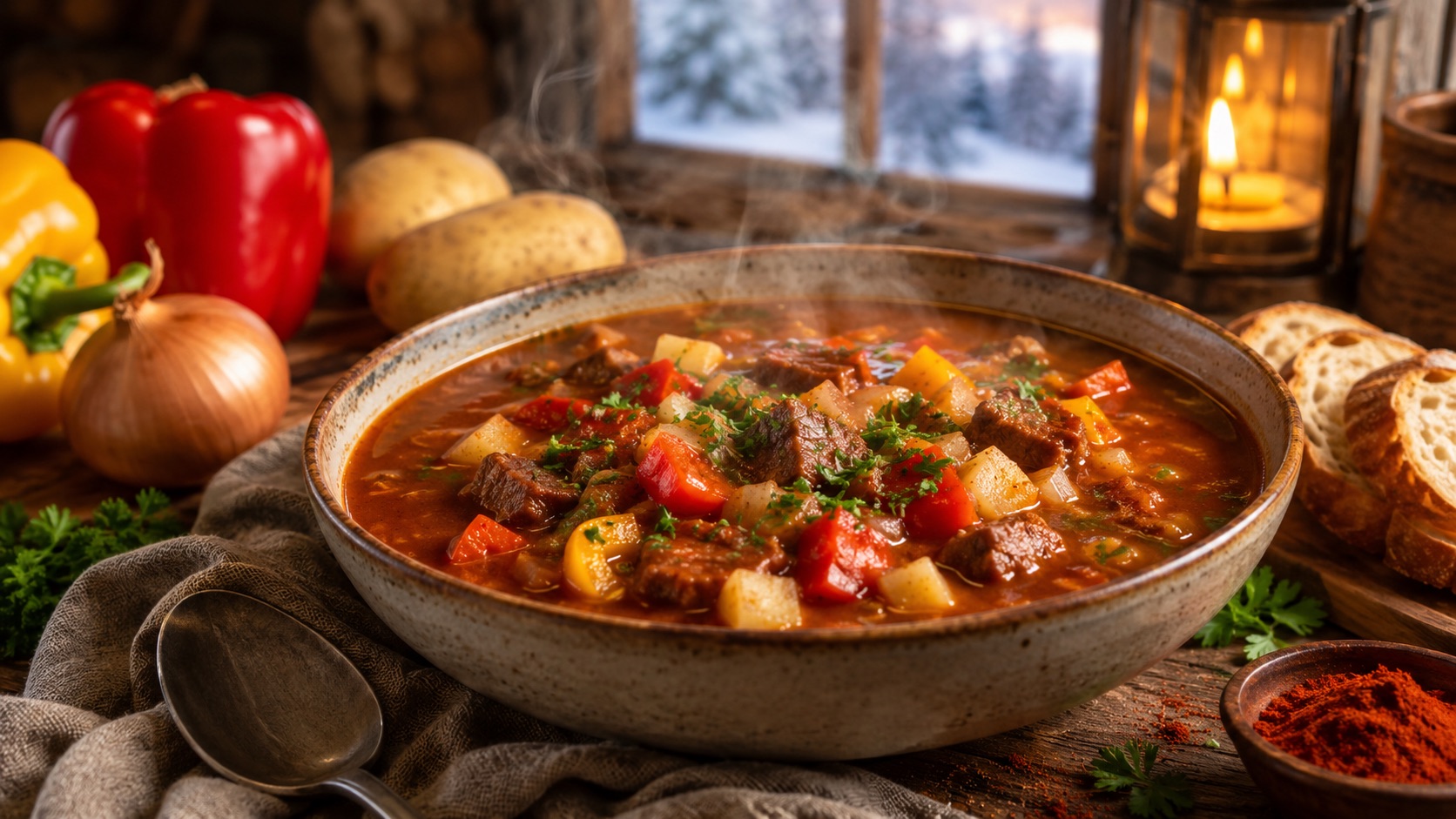 Gulaschsuppe mit Paprika als wärmendes Winterrezept für kalte Tage und gemütliche Familienküche