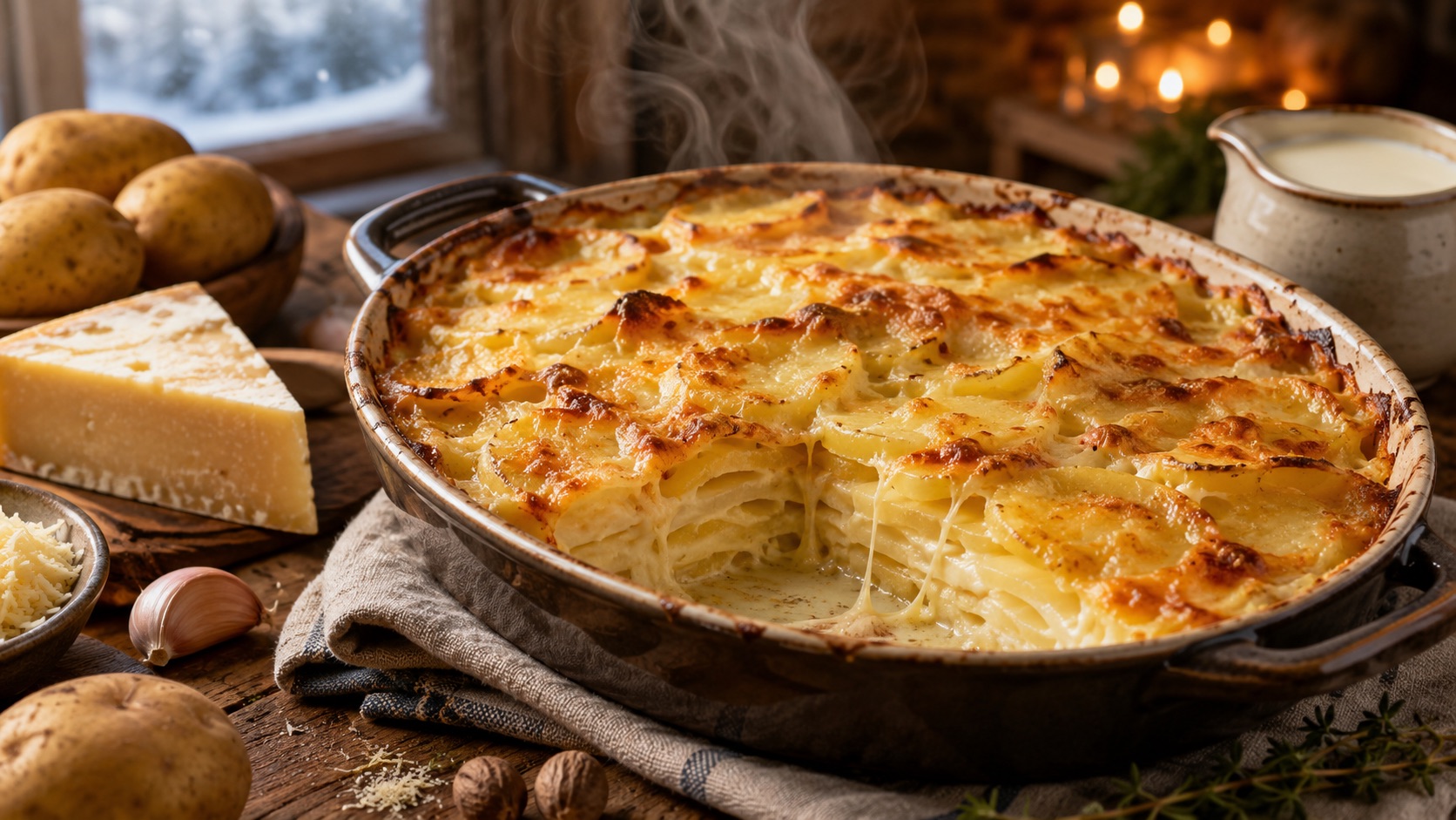Kartoffelgratin mit Bergkäse als wärmendes Winterrezept für kalte Tage und gemütliche Familienküche