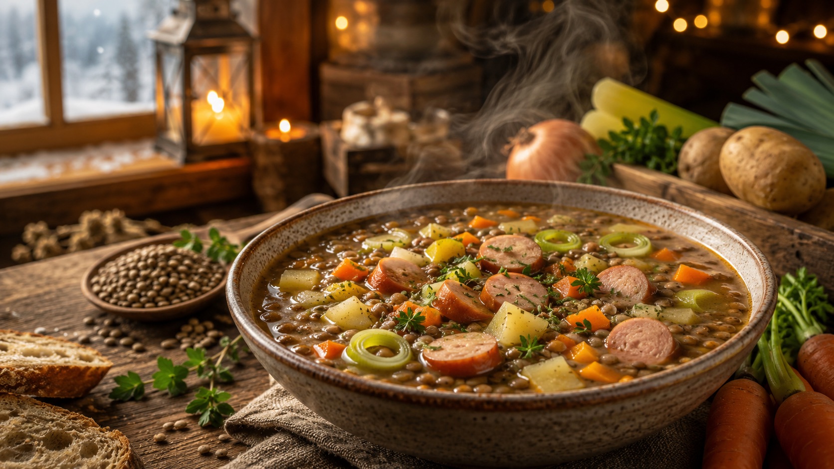 Linsensuppe mit Würstchen als wärmendes Winterrezept für kalte Tage und gemütliche Familienküche