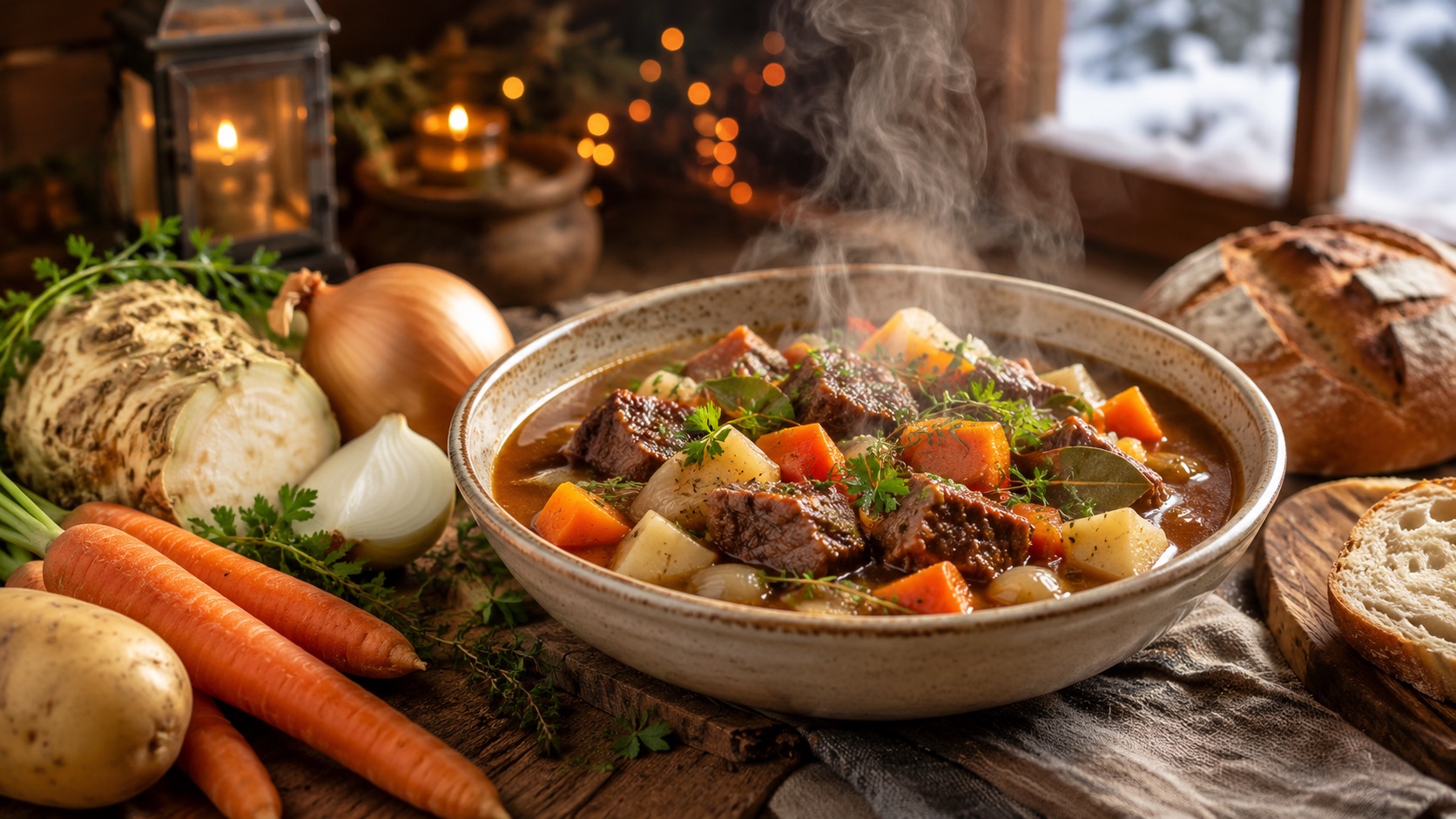 Rindereintopf mit Wurzelgemüse als wärmendes Winterrezept für kalte Tage und gemütliche Familienküche
