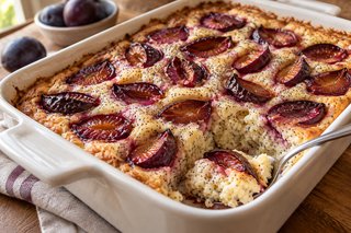 Goldener Grießauflauf mit feinen Mohnpunkten und gebackenen violetten Zwetschgenvierteln in einer Auflaufform